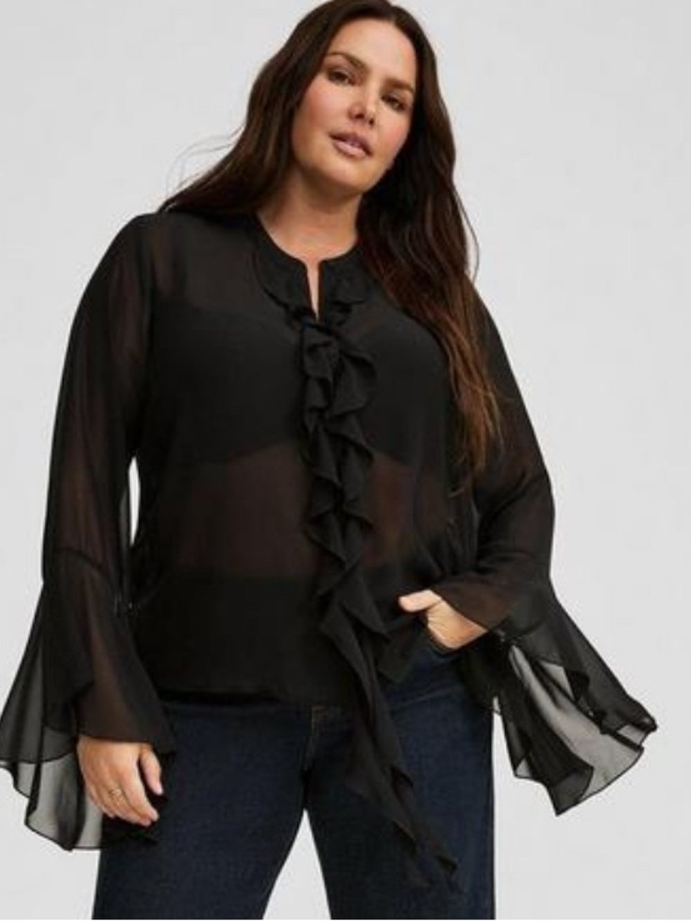 Torrid Sheer Ruffle-Front Blouse - Black - Picture 2 of 9
